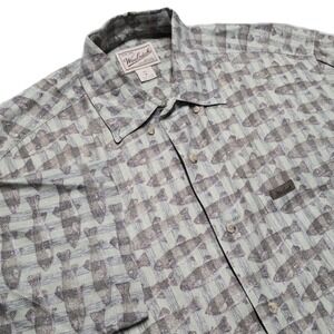 VTG Woolrich Shirt Short Sleeve‎ Button Down Fish Print Green Casual Mens M